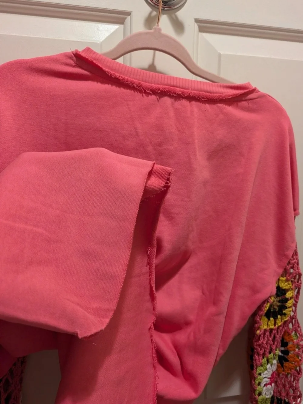 Umgee Hot Pink Crewneck Mini Tunic dress With Crochet Sleeves